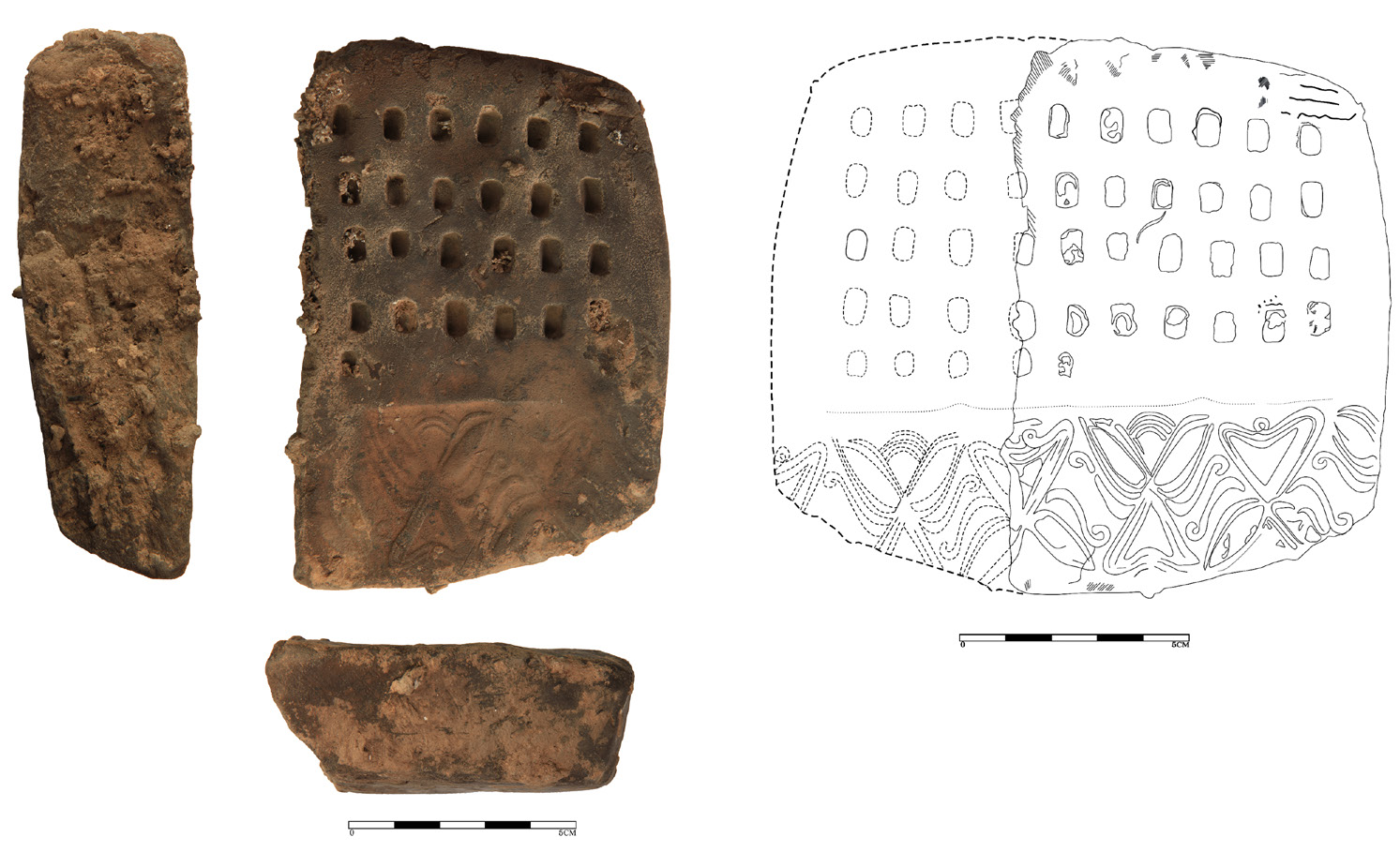 Proto-Elamite tablets from Shahr-i Sokhta with a structured impression grid and lower decorative band. The impressions on the upper two-thirds have been speculated to represent a numerical or record-keeping system, while the bottom features incised symmetrical motifs, possibly symbolic or aesthetic in nature. The right panel provides a vector line reconstruction of the obverse side. Researchers: Jacob L. Dahl (Oxford, CDLI), François Desset (Elamite decipherment), Piotr Steinkeller (administrative systems). Seyed Mansour Seyed Sajjadi & Hosein Moradi – Proto-Elamite tablets. Wikimedia Commons.